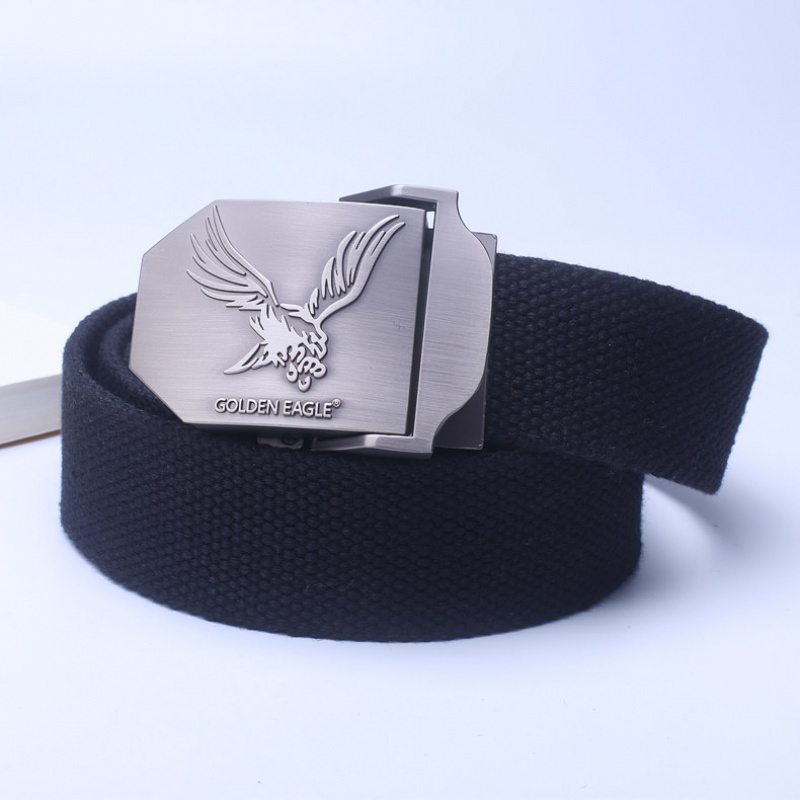 家柏饰(CORATED)帆布腰带男士平滑自动扣皮带学生大码裤带加长军训青年休闲布带潮 老鹰黑色110cm