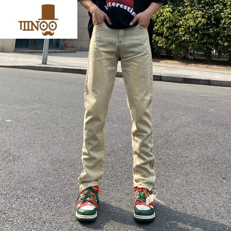 YANXU欧美高街vibe做旧黄泥染牛仔裤男裤脚拉链开叉嘻哈直筒修身裤子潮高清大图