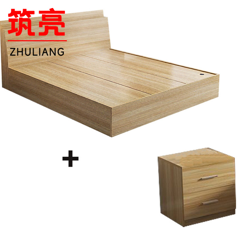 筑亮 家用床 150*200*88cm原木色+床头柜 套高清大图
