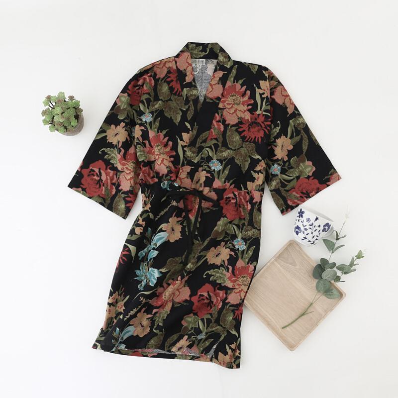 日式睡衣花卉春夏女中袖睡裙和服棉麻家居服和风睡衣睡裙