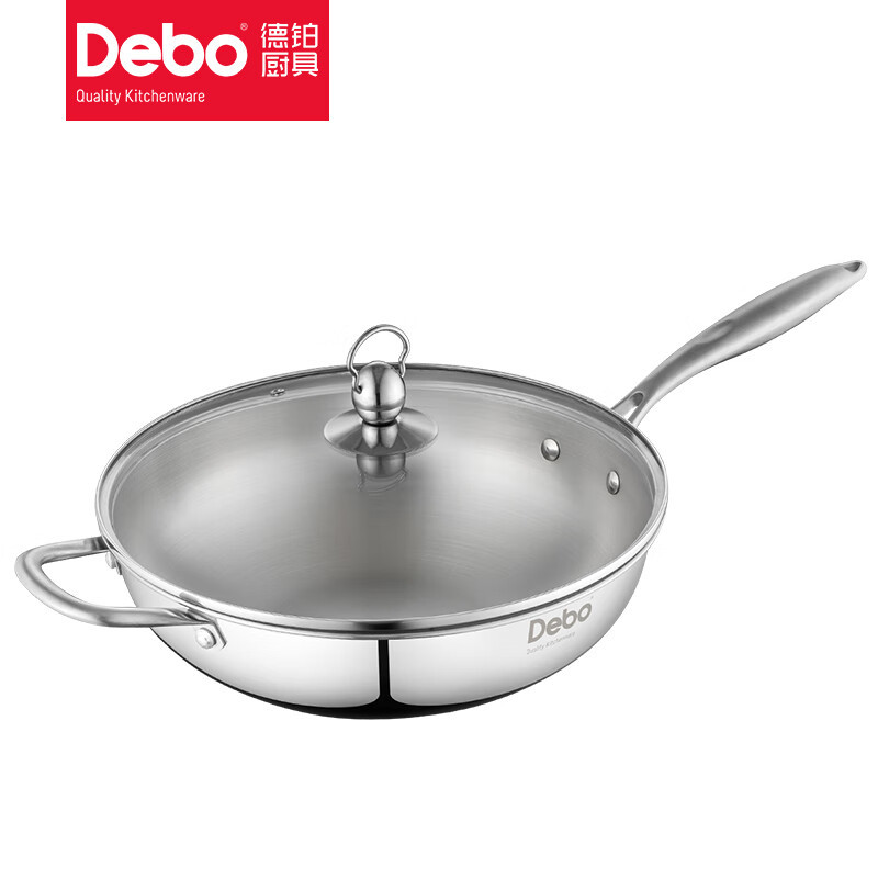 德铂(Debo) DEP-316 贝沃恩炒锅炒菜锅不锈钢厚底无涂层明火电磁炉通用可视锅盖复底32cm