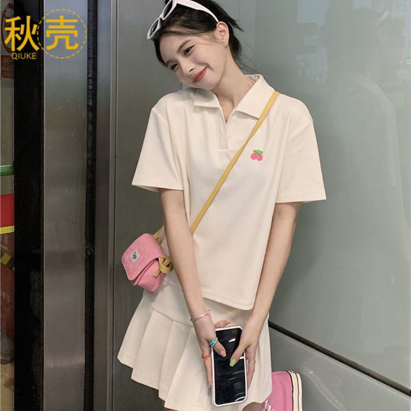秋壳夏季新款甜美POLO领短袖T恤百褶半身裙两件套学院风套装女潮