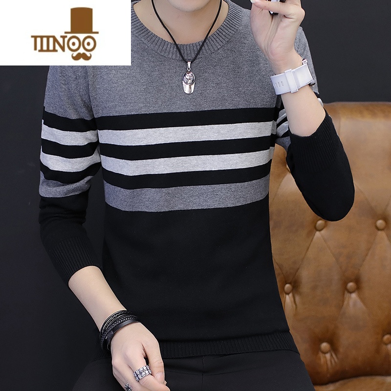 YANXU男士毛衣条纹针织衫毛衫青年内穿线衣潮流休闲打底衫高清大图