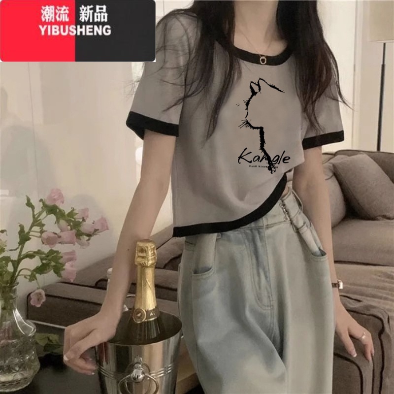 YIBUSHENGt恤女短袖季2024新款显瘦拼色短款上衣修身时尚小众体恤潮高清大图