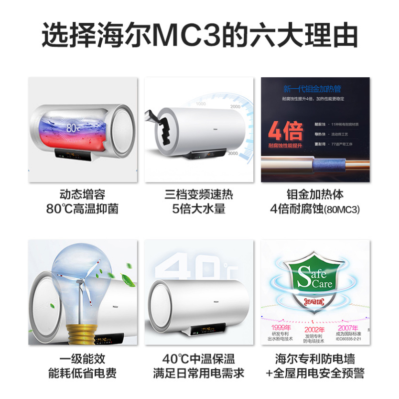 海尔60升电热水器家用卫生间储水式 EC6001-MC3U1 一级能效 WIFI智控 大屏数显高清大图