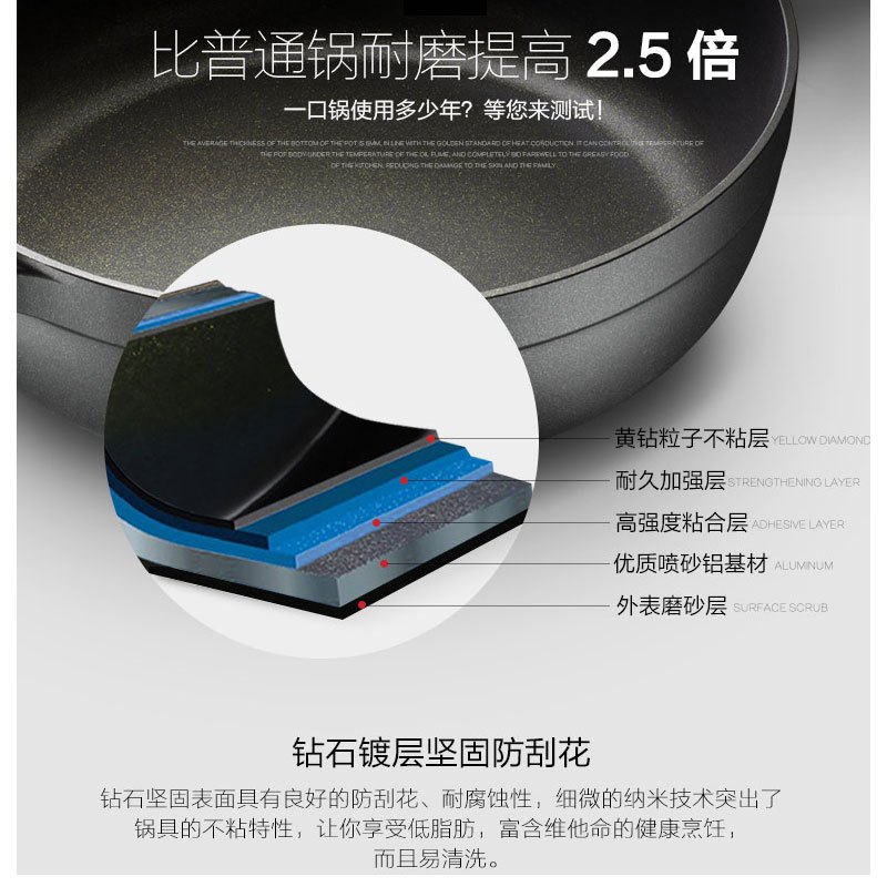 意大利拉歌蒂尼(Lagostina)钻石平底锅不粘锅煎锅家用煎炒少油盐易清洗燃煤气电磁炉通用 黄钻32cm（煎炒锅）