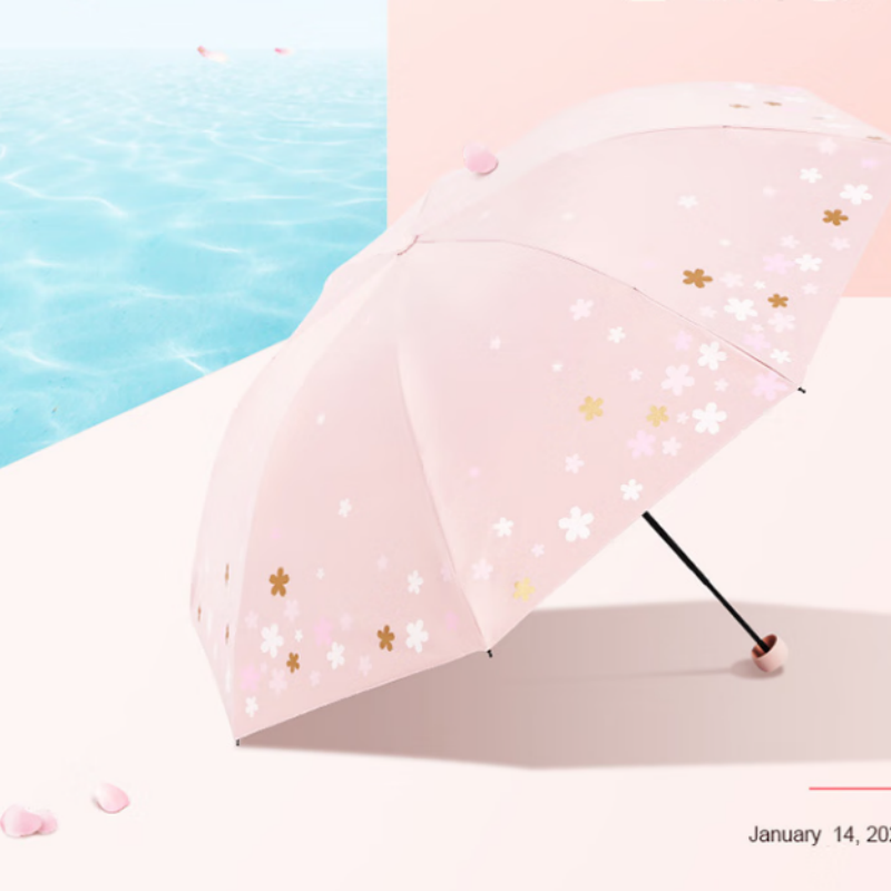 天堂防紫外线阳伞三折8k钢骨印花晴雨伞黑胶防晒太阳伞伞下100CM浅粉高清大图