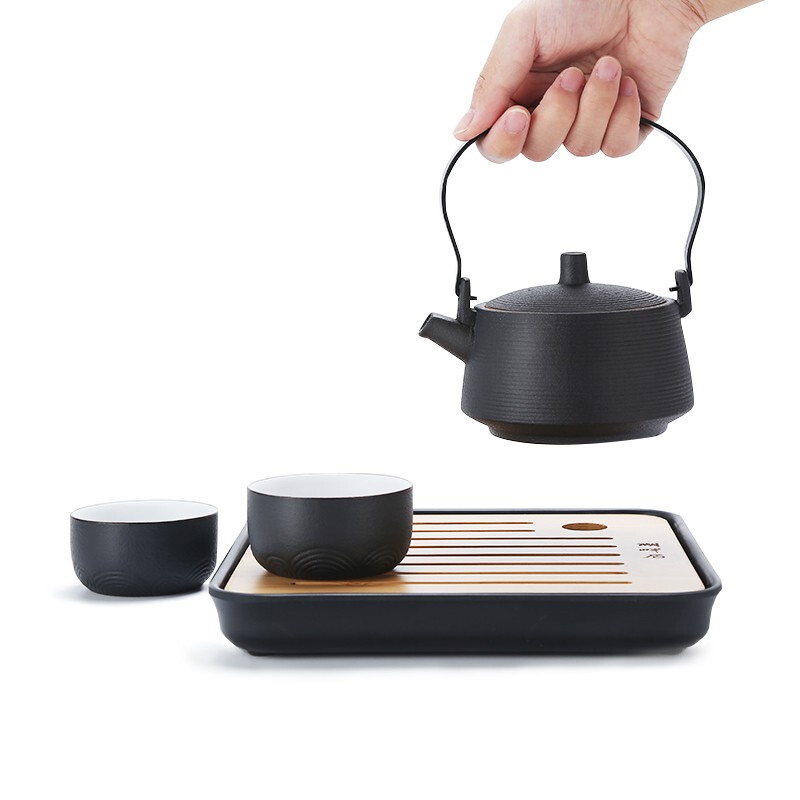 湖畔居 茶具套装陶瓷功夫茶具旅行茶具便携装一茶壶四茶杯带茶盘 黑陶 HCJ2008004高清大图