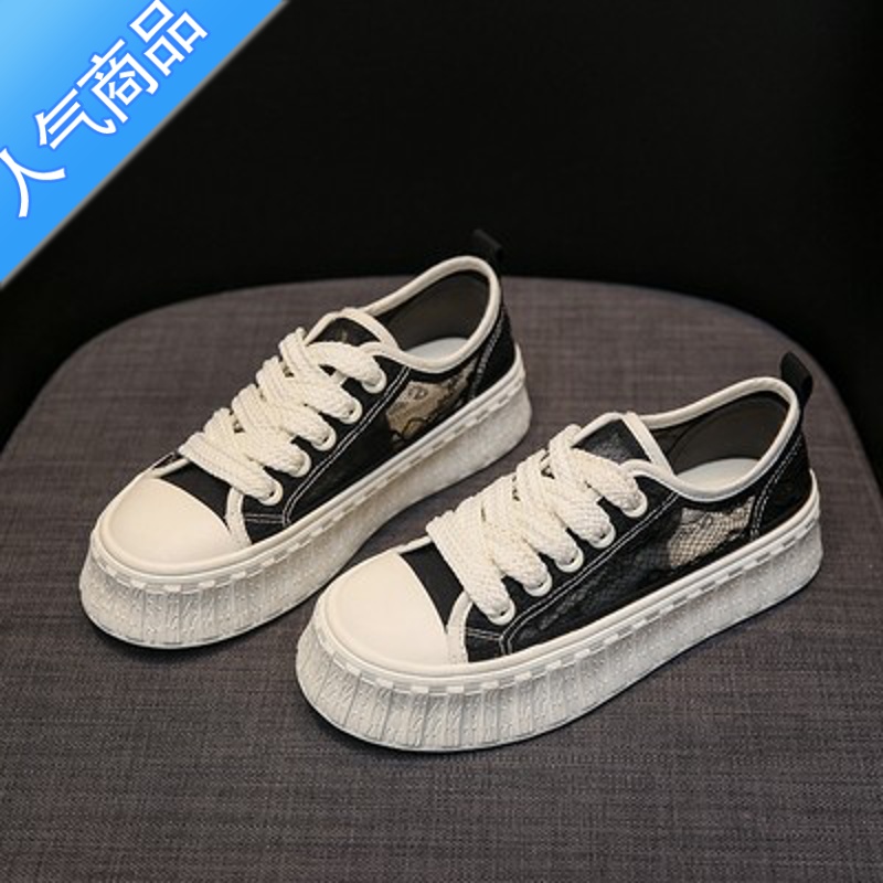 SUNTEK黑色帆布鞋女鞋2023新款夏季薄款透气网面休闲厚底蕾丝饼干鞋高清大图