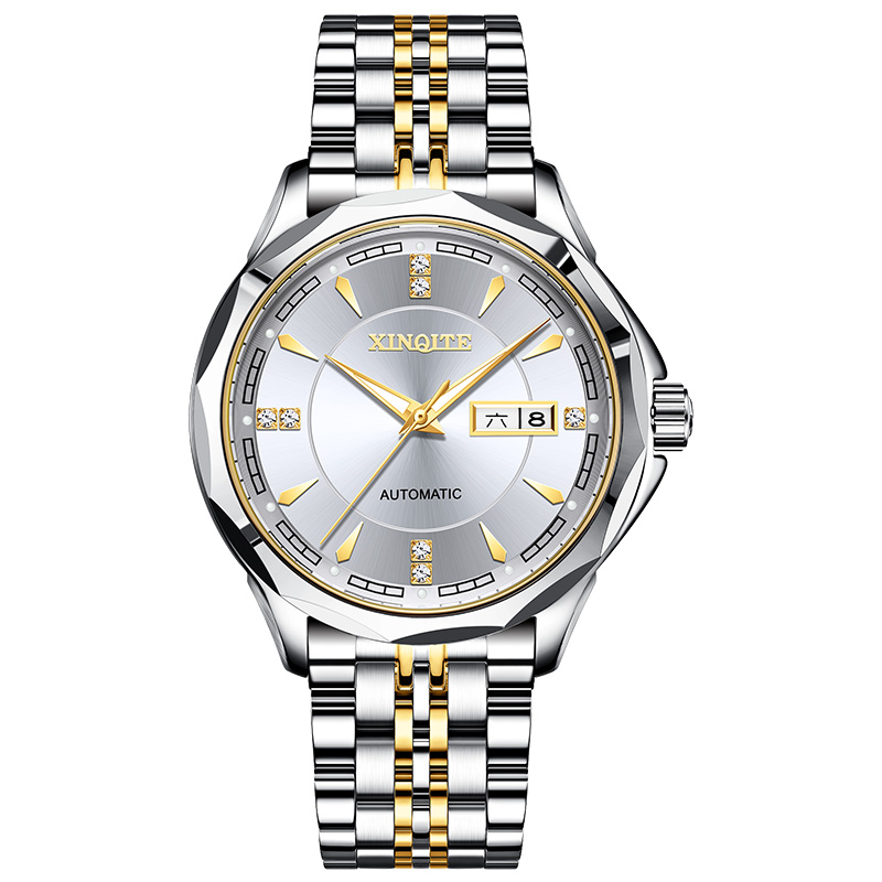 新奇特正品手表男士自动机械表超薄防水皮带时尚简约商务新款星期加日历学生男表X-2020 卓越间金白