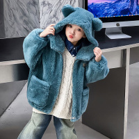 举翼王子澳洲全羊毛儿童羊羔毛一体皮草外套男女童颗粒羊剪绒宝宝冬装 孔雀蓝 160建议身高155CM左右