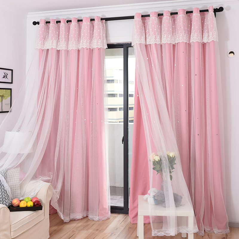 粉色窗帘成品镂空星星遮光蕾丝梦幻公主风飘窗卧室窗帘窗纱遮光