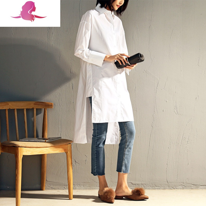 艳如飞春秋新款前短后长中长款白衬衣女韩版长袖宽松设计感心机衬衫长