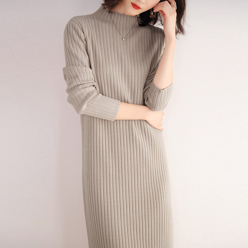 suntek针织裙内搭女打底毛衣裙到脚踝半高领过膝中长款秋冬米白色超