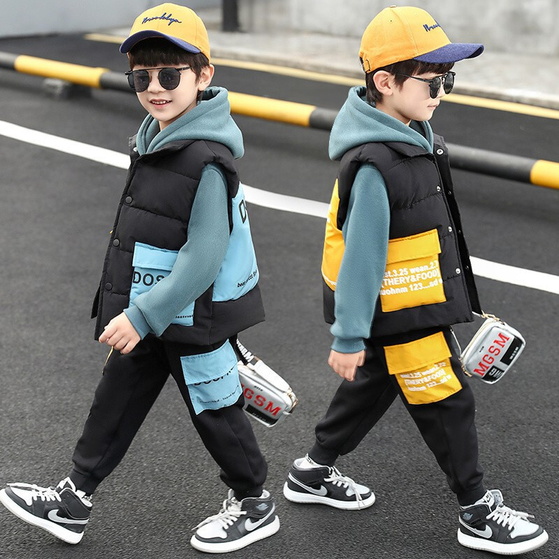 MinanSer{三件套}童装男童套装秋冬装2021秋季新款儿童加绒加厚洋气潮流中大童马甲学生衣服3-12岁潮冬季新品