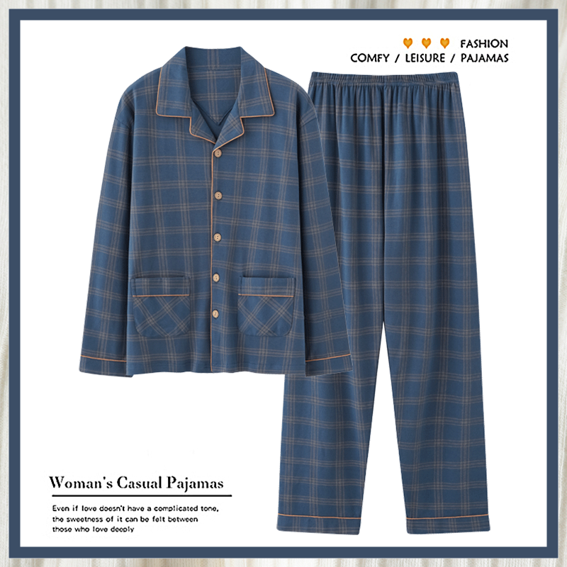 浪莎纯棉睡衣男士春秋季长袖套装全棉薄款格子大码可外穿家居服男高清大图