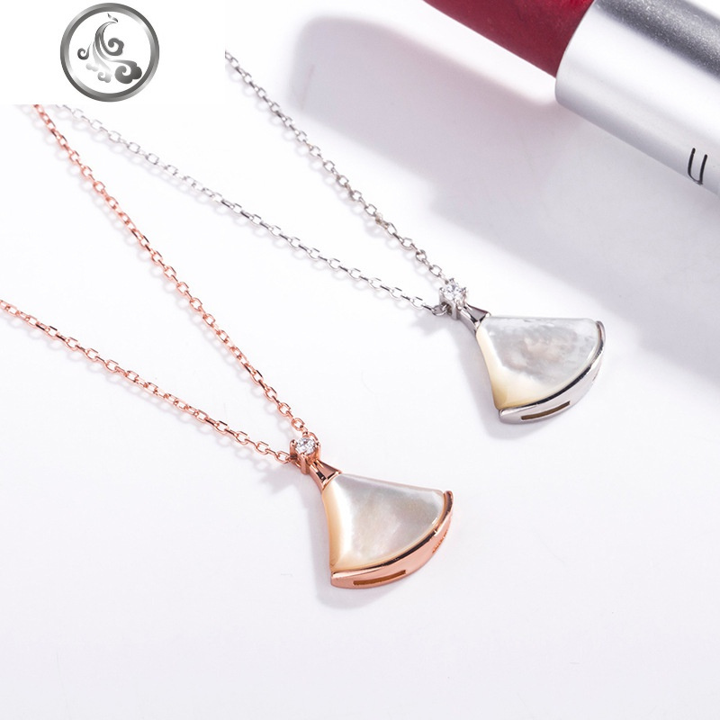 Queen原版扣s925纯银小裙子项链扇形带钻女18玫瑰金抖音小红书款 玫瑰金绿