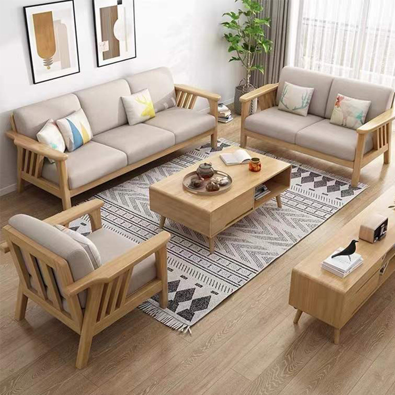 苏宁 质凡办公家具现代布艺实木橡胶木沙发 单人+双人+三人位沙发+长茶几