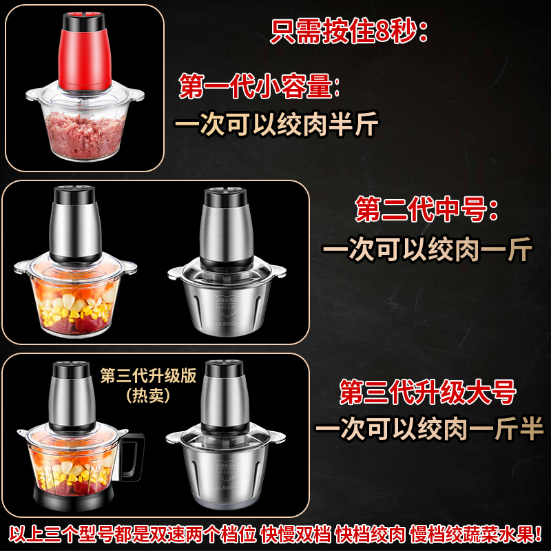 绞肉机家用电动多功能蒜泥辣椒碎菜饺子肉馅碎肉器搅拌料理机 3代升级大号【塑料杯双速钢头】两把刀