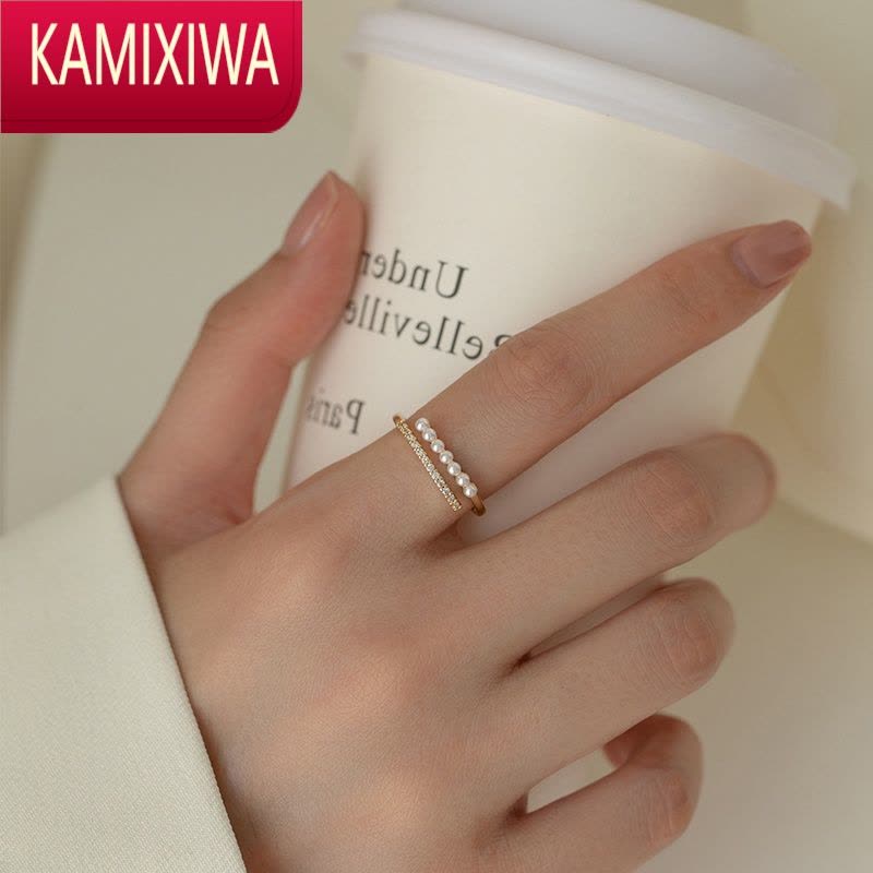 KAMIXIWA珍珠戒指女2022年新款潮时尚个性食指戒小众设计简约可调节开口戒图片