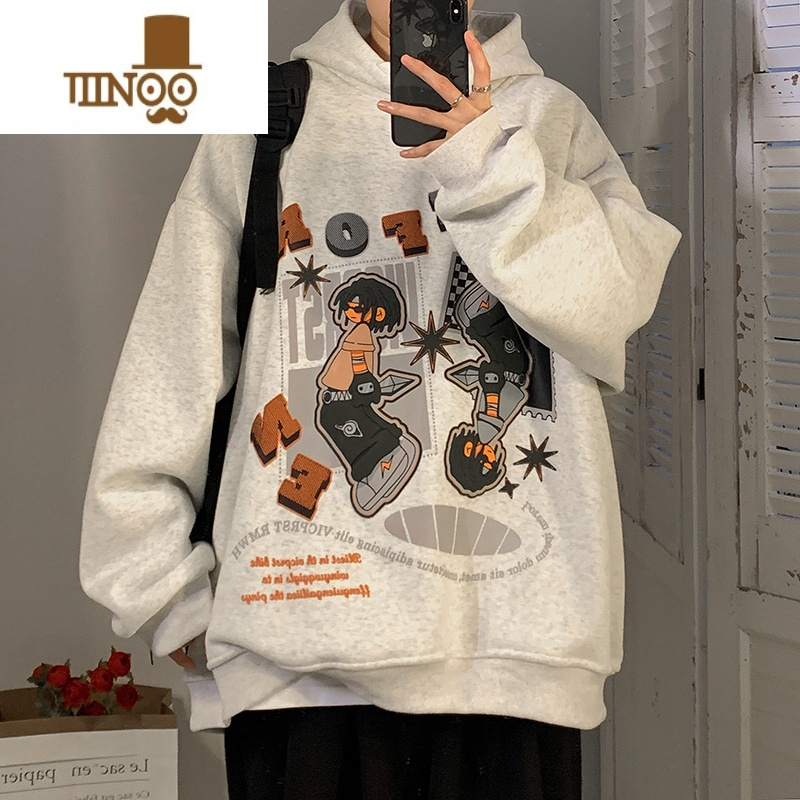 YANXU连帽卫衣男款新款潮牌卡通印花外套感美式慵懒chic上衣服