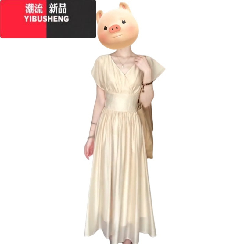 YIBUSHENG小飞袖v领雪纺连衣裙子女季2024新款法式气质高级感收腰a字长裙