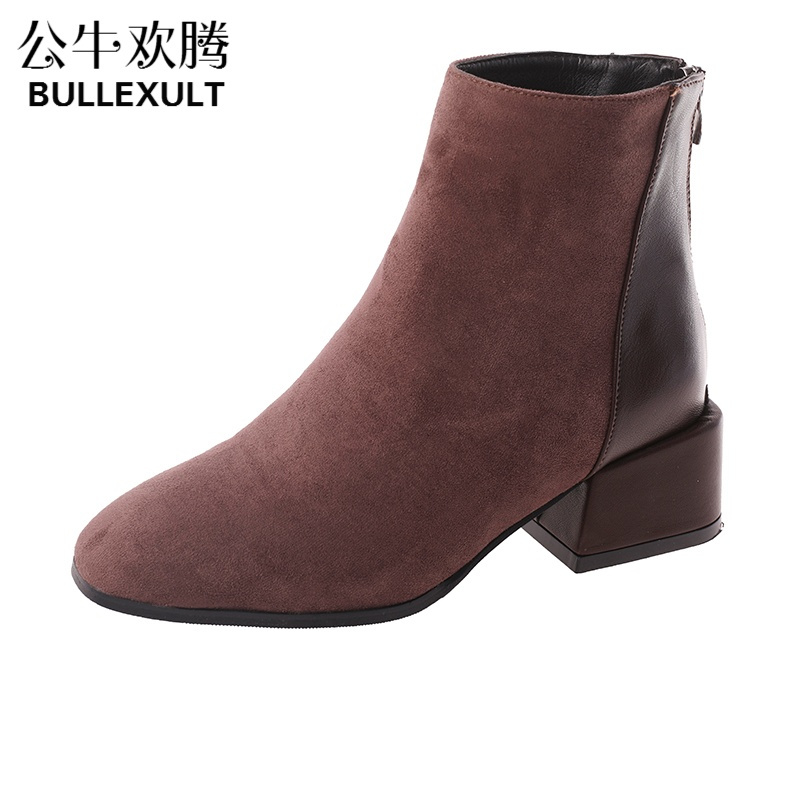 公牛欢腾2019短靴女粗跟2019秋冬新款百搭韩版靴子女短筒时尚chic马丁靴网红靴