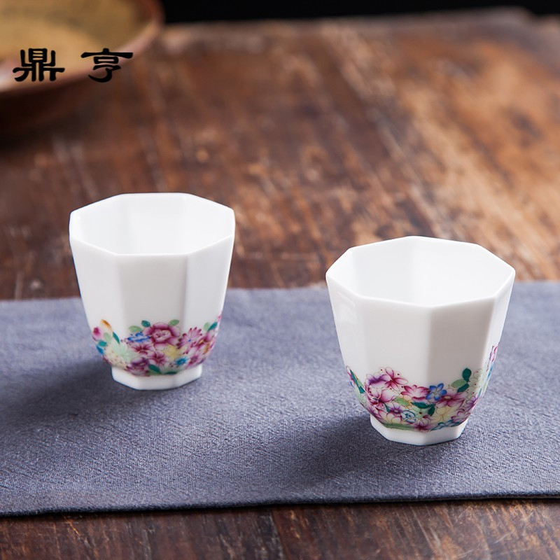 鼎亨手绘万花粉彩个人八角杯纯手工品茗杯单杯主人杯功夫杯景德镇