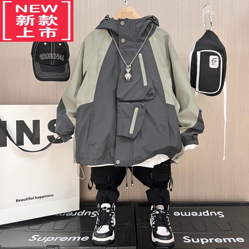 可莉允男童拼接工装外套冬装棉服儿童加绒冲锋衣韩版中大童加厚棉衣夹克图片