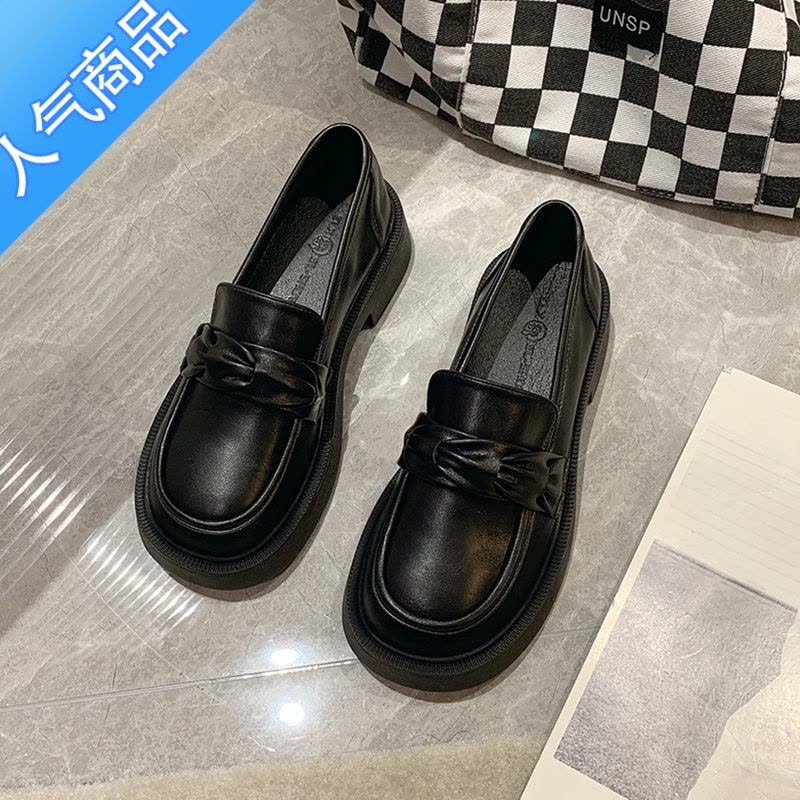 SUNTEK乐福鞋女2023夏季新款厚底粗跟英伦单鞋春秋学院风一脚蹬jk小皮鞋图片