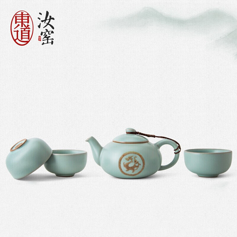 东道 汝窑 青瓷陶瓷套装茶具 天龙天乐壶组 一壶三杯 开片可养 天青色高清大图