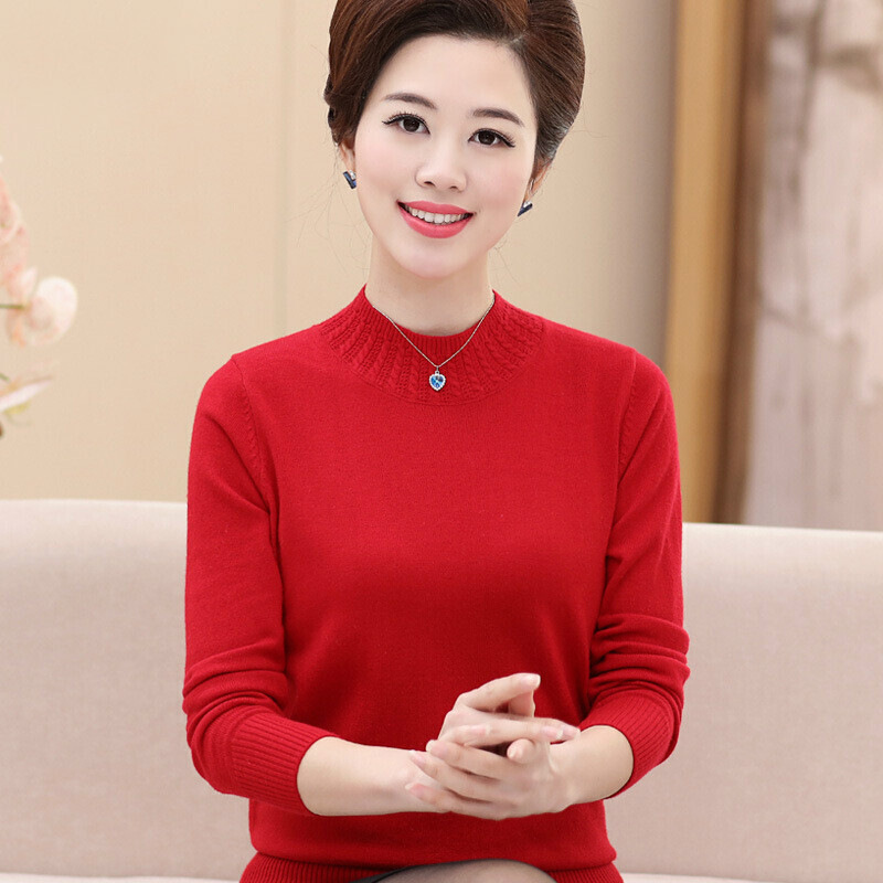 迪鲁奥（DILUAO)中老年妈妈秋装毛衣女士针织打底衫羊毛衫春装新款半高领套头上衣_682 半高领-红色 XL