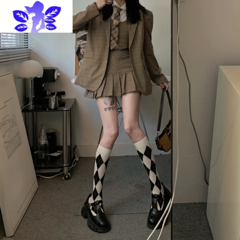 Ideamini学院风菱格jk袜子女中筒春夏季日系复古小腿袜黑白英伦格子长筒袜袜子