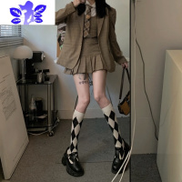 Ideamini学院风菱格jk袜子女中筒春夏季日系复古小腿袜黑白英伦格子长筒袜袜子