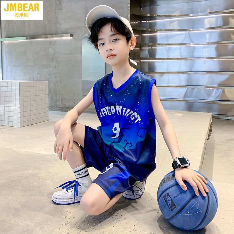 杰米熊男童篮球服男套装夏季套装2022新款中大儿童运动速干蓝球服
