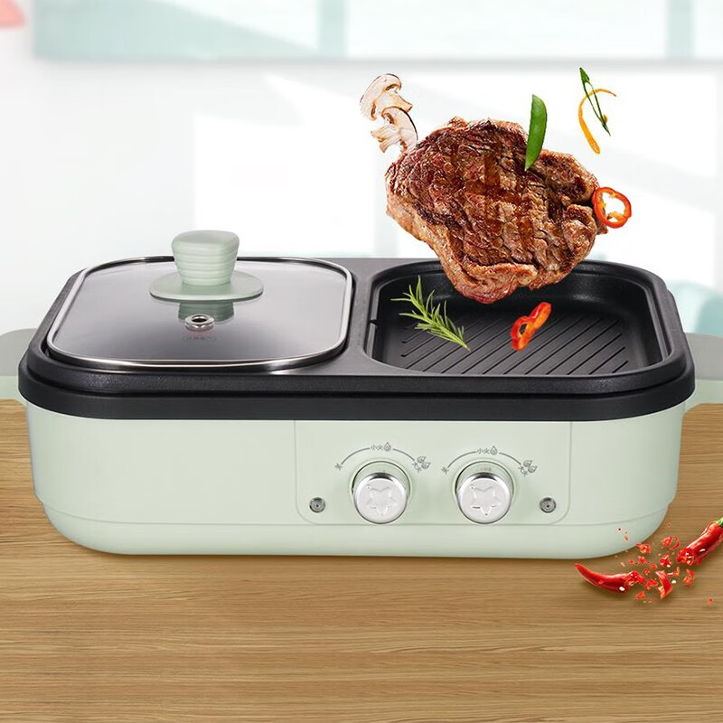 艾贝丽 多功能料理锅家用蒸煮炒煎涮烤一体锅不粘锅火锅专用锅鸳鸯火锅 1L ABL-HG09高清大图