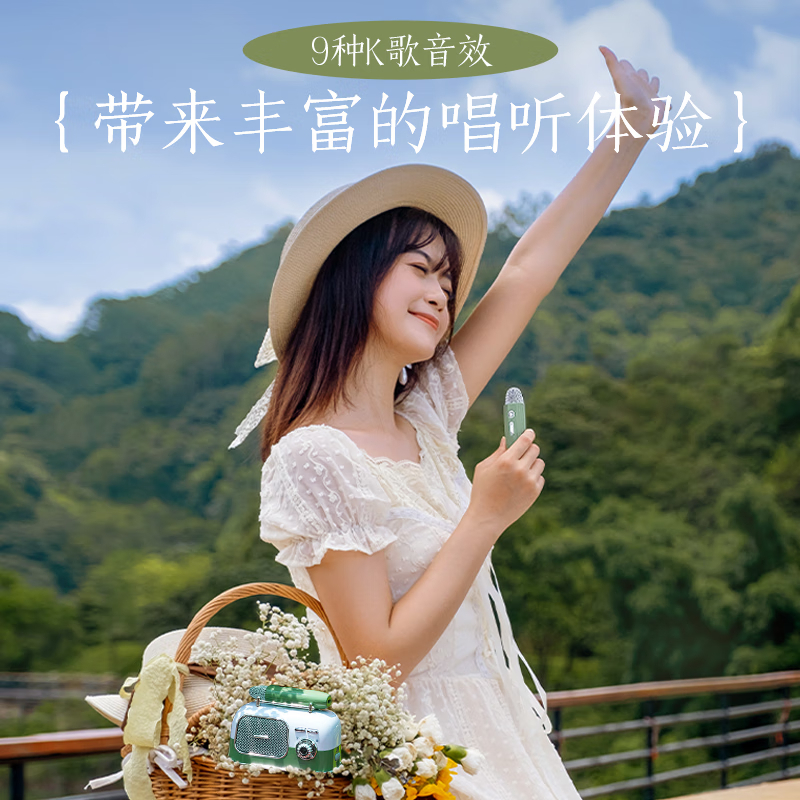 唱吧 叮叮巴士L2 蓝牙无线迷你麦克风音响户外k歌话筒儿童音箱家庭ktv音响 若竹绿单麦版