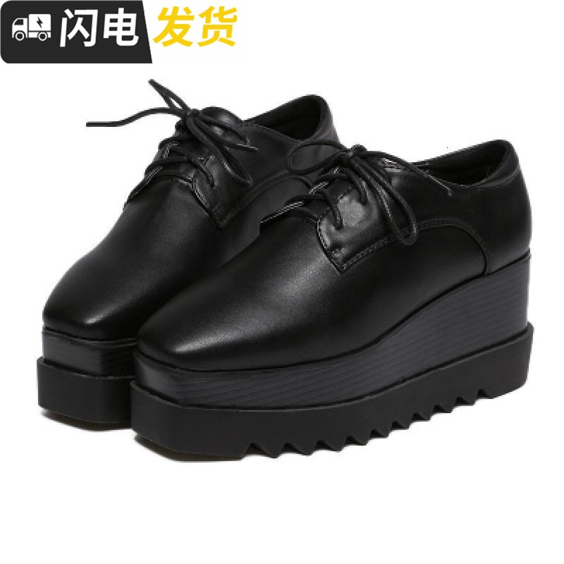 系带松糕鞋女春季2022新款黑色方头厚底英伦坡跟漆皮松糕底女单鞋启如休闲鞋