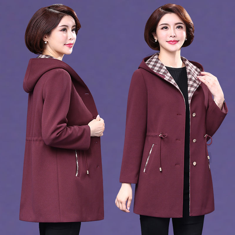 中老年女装春秋外套新款妈妈装风衣大码中长款连帽女休闲宽松上衣