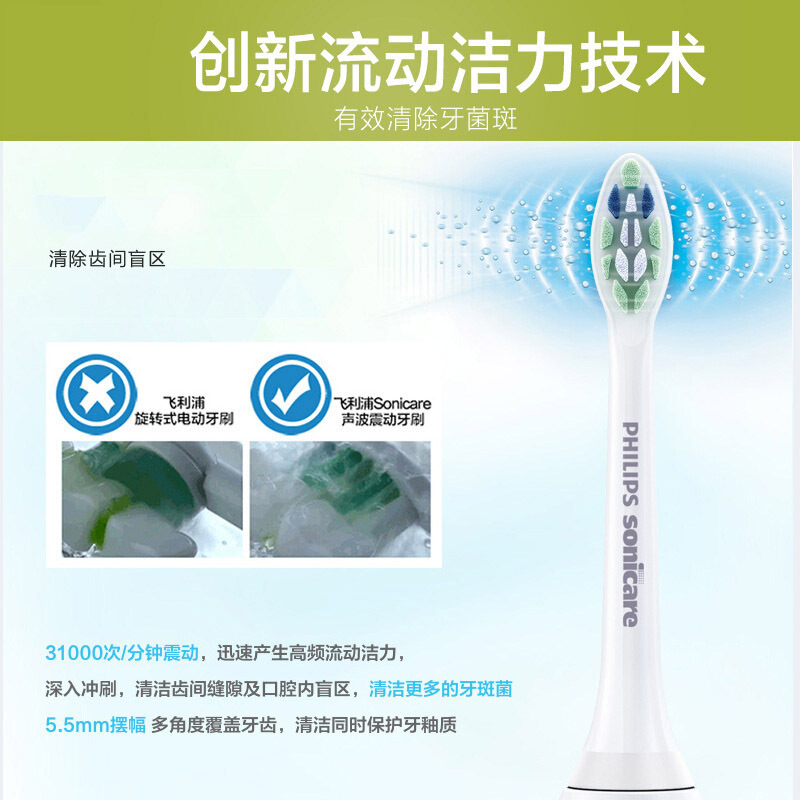 飞利浦(Philips)电动牙刷HX6215 充电式声波震动式31000次/分钟清洁牙刷 防御牙菌斑 情侣系列