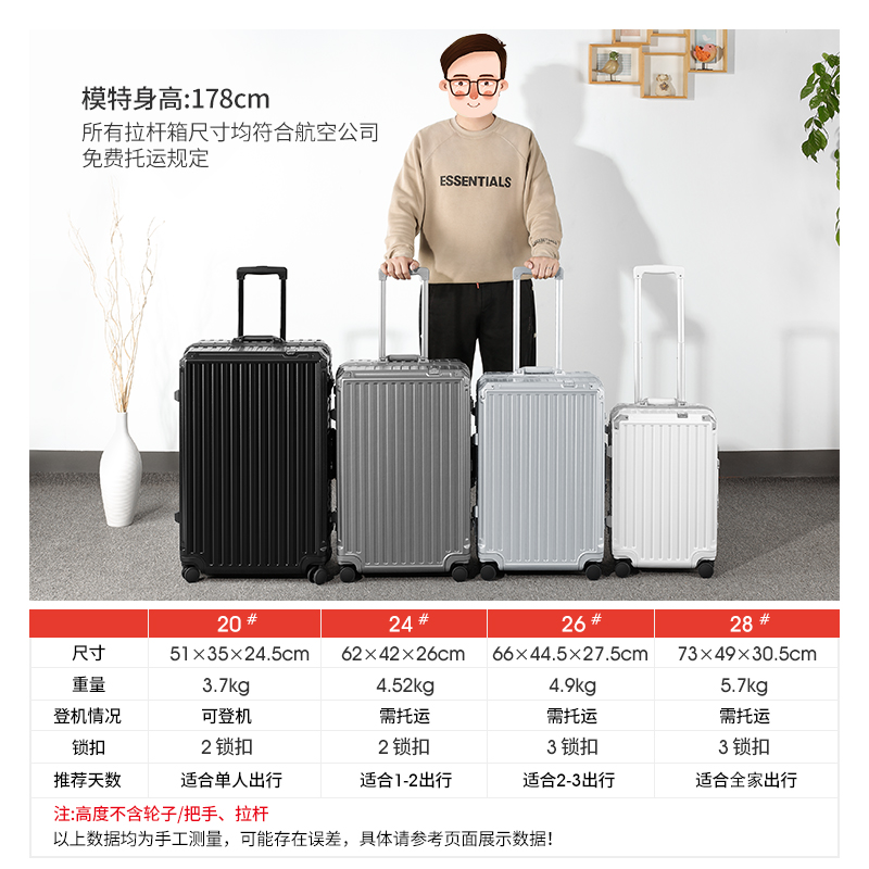 罗恩Ronoen漫游万向轮铝框行李箱24寸旅行箱包28大拉杆箱26登机箱20英寸小型密码登机箱子男女皮箱商务出差托运箱高清大图