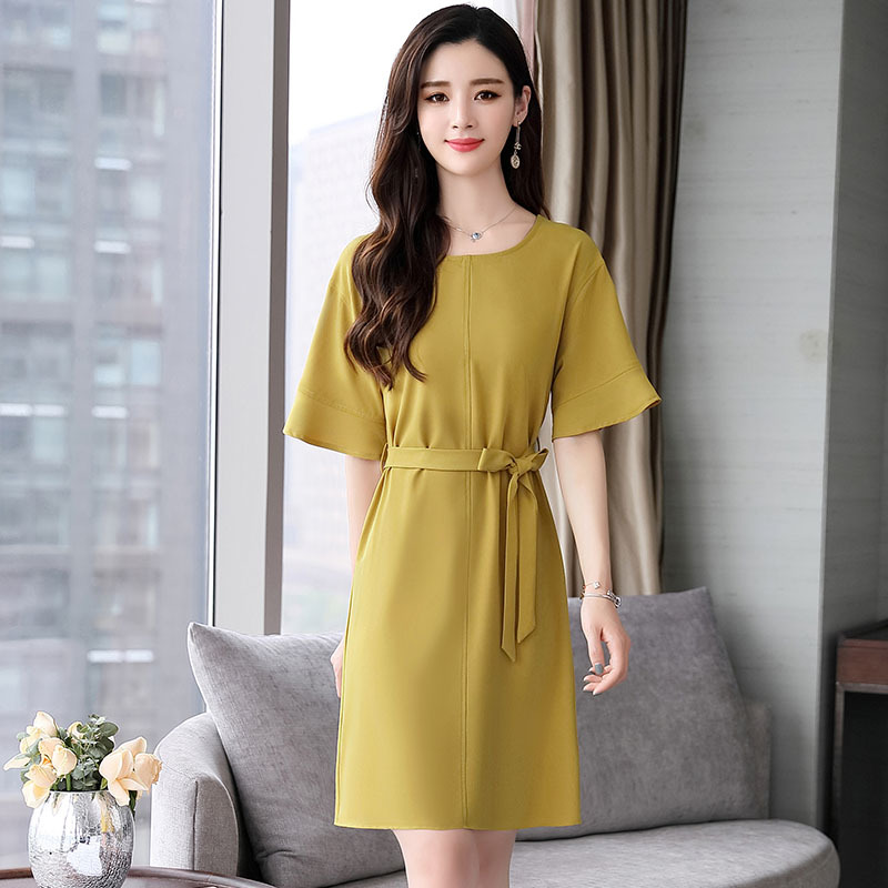 女士夏款新品连衣裙女中长款气质系带收腰短袖韩版夏装女装裙子潮
