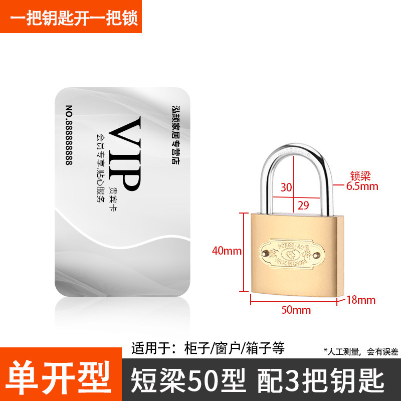 锁门挂锁小锁带钥匙锁小型锁头铜锁家用老式门锁 配3把钥匙 50mm【独立型】