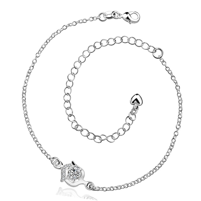 A034 Women Jewelry Silver Anklet 镀银饰品花朵白锆石脚链女潮送女朋友七夕情人节礼物