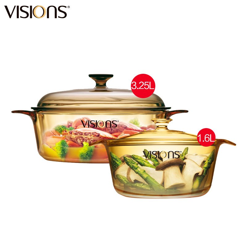 康宁(VISIONS)3.25L晶彩玻璃锅+1.6L养身锅 厨具套装 汤锅 炖锅 透明锅厨具套装透明耐热玻璃锅