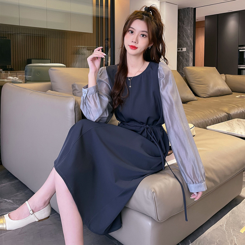 9元,叠加优惠券]唐狮秋冬新款女圆领假两长袖连衣裙百搭气质时髦韩版