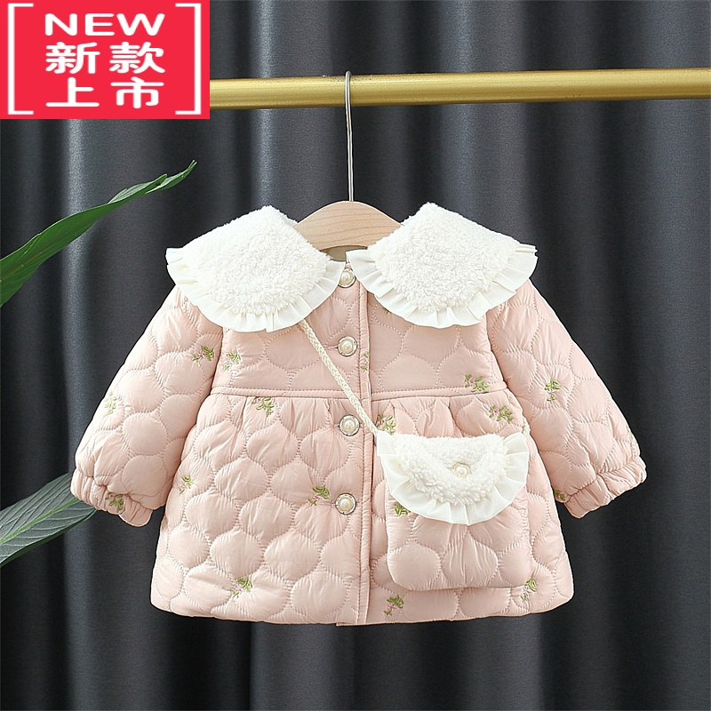 可莉允女童秋冬装2022新款宝宝加厚娃娃领外套1岁3儿童小清新棉袄外套棉服