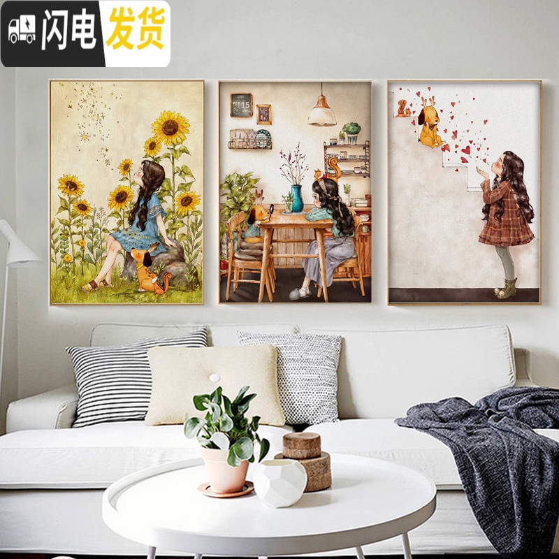 三维工匠2019美式乡村十字绣新款线绣客厅小幅卧室画森林女孩儿童卡通可 整套三个:大格棉线65&times;85CM印花高清大图