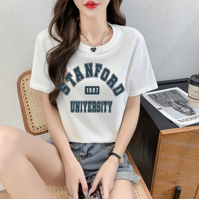(马卡龙涂鸦)2023年女夏季新款宽松韩版白色圆领印花半袖T恤短袖t恤