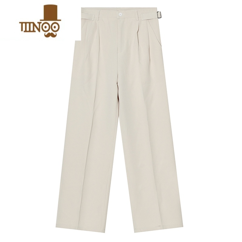 YANXUSNEIKLAU 西装裤休闲垂感裤子男宽松直筒坠感纯色腰围可调节西裤 米白色 L